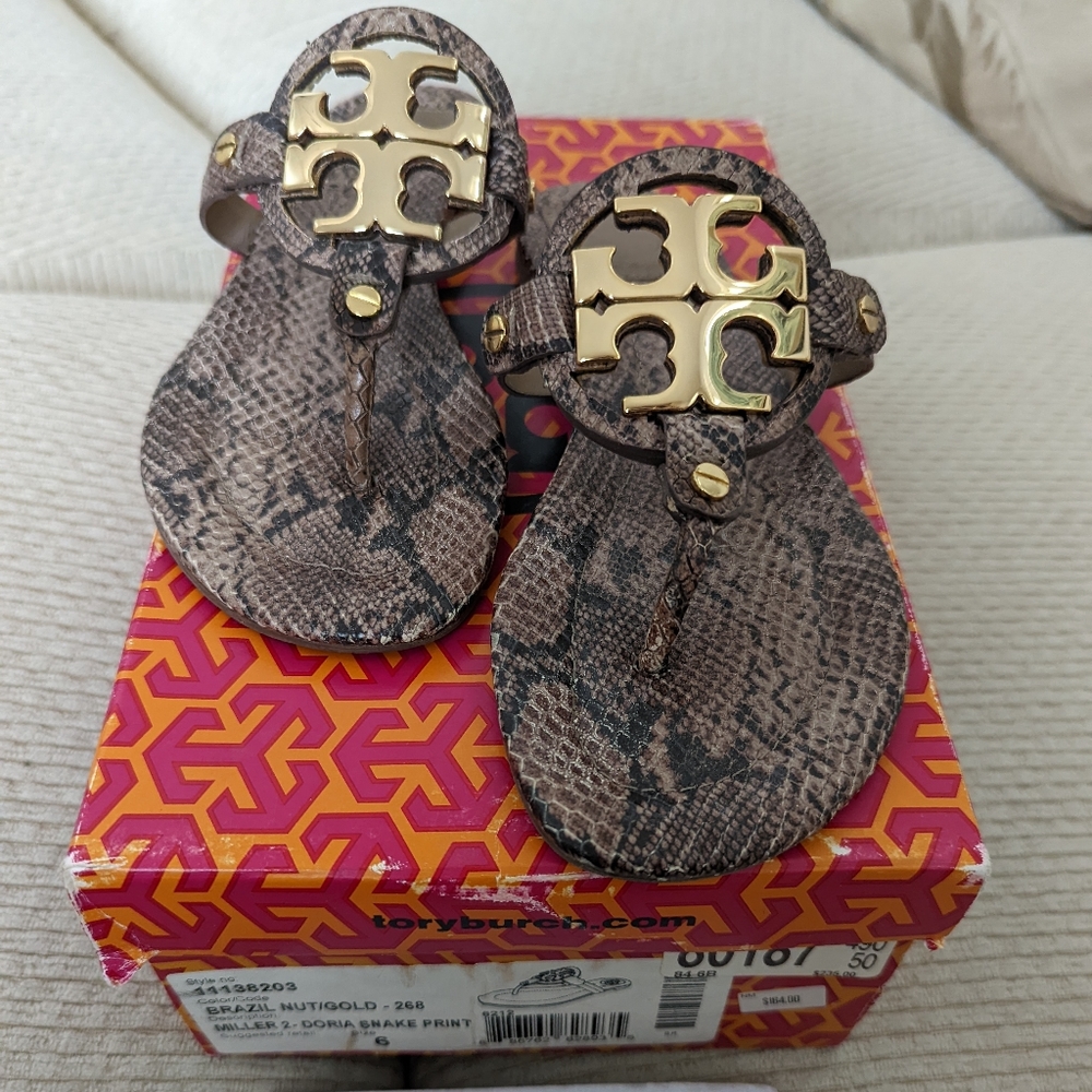 Tory Burch snake print Miller sandals in size 6